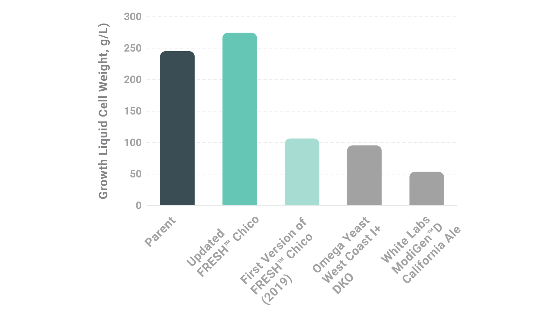 Bar chart of growth (dry cell weight, g/L) in an extended-growth test: updated FRESH Chico grows as well as parent Chico, while the first version of FRESH Chico (2019), Omega Yeast West Coast I+ DKO, and White Labs ModiGen D California Ale grow far less